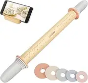 Geesta Adjustable Wood Rolling Pin with 5 Thickness Rings, Precise Dough Roller Handle Press Design with Measurement Guide for Fondant, Pizza, Pie Crust, Cookie, Pastry Baking Decorating Accessories