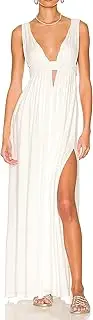 [R.Vivimos] Boho Dress for Women Sexy Deep V Neck Sleeveless Hollow Out Backless Casual Side Slit Maxi Dress