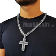 Hip Hop Jewelry Iced Large Silver Holy Cross Pendant & 10mm Cuban Chain Necklace