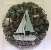 Nautical Wreath Beach Coastal Boat Starfish Handmade Deco Mesh Door Decor