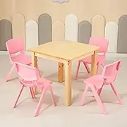60CM Square Wooden Kids Table and 4 Pink Chairs Childrens Desk Pinewood Natural