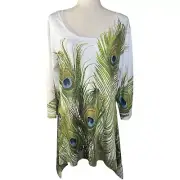 Indigo Soul Women's Size L Multi Peacock Feather Handkerchief Hem Tunic Top NWT