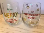 Set of 2 Hallmark Stemless Christmas Holiday Wine Glasses- Merry, Snowflakes