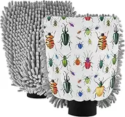 Wash Mitts for Car Washing Colorful Beetles Bugs White Car Washing Kit Mitts Cleaning Scratch Free Soft Microfiber Absorbent Chenille, Large x 2 Pack