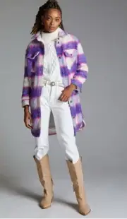 Anthropologie BLANKNYC Plaid Coat Women Blue Button Down Boho Y2K Small NWT