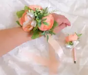 Wrist Corsage Men's Corsage Peach Ranunculus Silk Flowers White Set (2 PC) USA