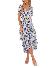 Vince Camuto Floral Print Flutter Sleeve Tiered Ruffle Midi Dress