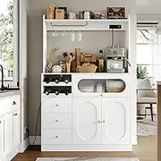 FACBOTALL Kitchen Pantry Storage Cabinet with Hutch, Buffet Cabinet with Storage, Coffee Bar Cabinet with Power Outlets, Microwave Stand, Wine Racks, Kitchen Cupboard for Dining & Living Room, White