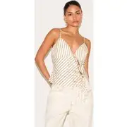 Petite Cream Pinstripe Tie Front Top, Cream