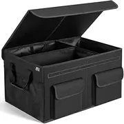 Car Trunk Organizer with Lid, Foldable Car Storage Organizer with 3 Compartments, 8 Pockets, Leather Handles, Non-Slip Car Organizer and Storage for SUV, Van, Grocery, Camping, Black