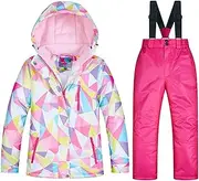 [Abcoll] Kids Boys/Girls 2-Pieces Ski Suit Snowboard Suit Skiing Outfit Waterproof Snowsuit Ski Jacket Hooded & Snow Bib Pants/Trousers, Cotton Fiber Lining (Color : V, Size : 11-12 Years)
