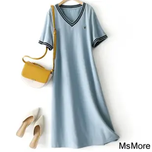 【MsMore】氣質V領法式顯瘦休閒運動減齡短袖連身裙灰藍中長版洋裝#118776(藍)