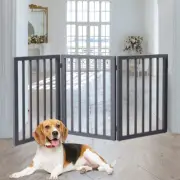 3-Panel Portable Retractable Barrier Wooden Pet Gate, Grey, Dog Fence Freestandi