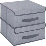 [Onlyeasy] Foldable Storage Bins Cubes Boxes with Lid - Storage Box Cube Cubby Basket Closet Organizer Pack of 2 with Leather Handles for Closet Bedroom, 13" x 13", Linen-Like Grey, MXDLB2P