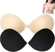 [JIXaw] 2 Pair Laura Collection Adhesive Bra Backless Strapless Reusable Push Up Strapless Invisible Sticky Bra for Women (C, Black)