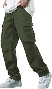 [Generic] Men's Casual Cargo Pants Workout Joggers Pants Men Elastic Waist Drawstring Hiking Streetwear Cargo Pants with Pockets