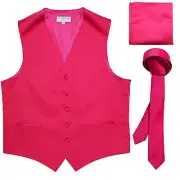 New Men's Solid Tuxedo Vest Waistcoat & 1.5" Skinny Necktie Set Hot Pink