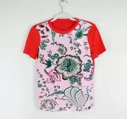 NWT Tory Burch Silk Floral Linen Short Sleeve T-Shirt, Red, XS, MSRP $375