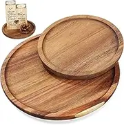 2Pcs Round Wooden Trays Decorative Serving Trays Rustic Wood Containers for Kitchen Countertop Coffee Table Unique Grain Finish for Home Decor