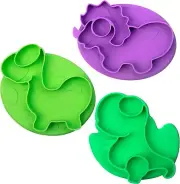 Bentology Silicone Compartment Plates- 3 PK Dinosaurs Set-Gift for Parents &Kids
