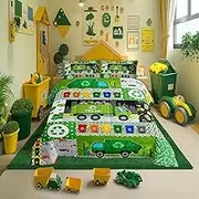 Cartoon Garbage Truck Bedding Comforter Sets Twin,Colorful Trash Can Cute Green Cars Trees Bedding Set for Bedroom,Watercolor Abstract Stripes Geometric Art with 1 Comforter and 1 Pillowcase