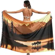 [XYMZR] Women's Sarong Swimsuit Coverups Moose Silhouette Landscape Chiffon Bikini Wraps Skirt with Tassels L