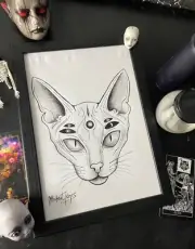 Occult Cat Artwrok -original A4 framed demon Cat Drawing, black and white
