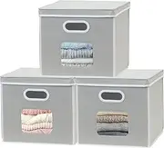SimpleHouseware Cube Lidded Storage Bin with Clear Window, 3 Pack, Grey