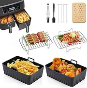 BEWOS 11 PCS Air Fryer Accessories Set，Reusable Air Fryer Liner for Dual Air Fryer Accessories，Including Silicone Liners、Grilling Rack, Oil Brush, Tong，Blotting Paper