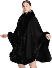 [EMGILL] Women Poncho Cape Faux Fur Collar Knitted Cardigan Sweater Batwing Long Sleeve Shawl Wrap Coat Oversized Cloak