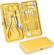 Teamkio 18pcs Manicure Set Pedicure Nail Clippers Set Travel Hygiene Kit Stainless Steel Professional Cutter Care Set Scissor Tweezers Knife Ear Pick Tools Grooming Kits with Leather Case(Yellow）
