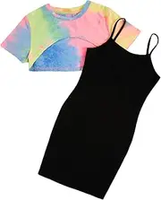 [SOLY HUX] Girl's 2 Piece Outfits Short Sleeve Crop Top and Cartoon Print Cami Dress Set