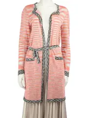 Pink Striped Pattern Belted Cardigan