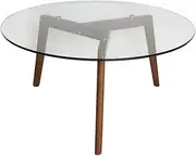 SK Designer Living Stad Round Glass Coffee Table - Walnut