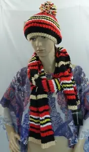 MARCUS ADLER pom pom red/black multi hat & scarf with fringe ends 2pc set