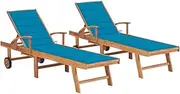 Sun Loungers 2 pcs with Blue Cushion Solid Teak Wood