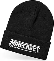 [Minecraft] Boys Beanie Hat in Black | Knitted Winter Hat with Embroidered Logo for Kids | Childrens One Size Warm Cuffed Beanie Hat for Gamers | Mojang Games Merchandise Gift, Black, One Size