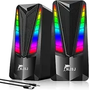 NJSJ Computer Speakers, 2.0 USB-Powered Speaker for Desktop,10W Wired PC Speakers with 7 Dynamic RGB Modes, Volume Control, 3.5mm Aux-in Stereo Multimedia Speakers for Laptops, Monitor, Projectors