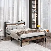 FOUBAM Queen Bed Frame with Storage Headboard,Metal Platform Queen Bed Base Mattress Base No Box Spring Needed,Heavy Duty Metal Slats,Under Bed Storage,Noise-Free,Brown