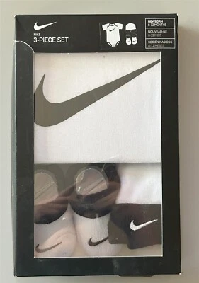 Nike Baby Bodysuit, Hat, Booties, 3 Pc Gift Box Set White Swoosh 6-12 Months