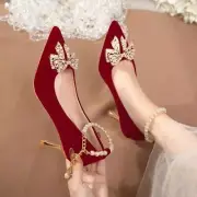 Red Pearl Bowknot Wedding Party Shoes Women String Bead Thin Heels Pumps Ladies