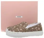 NEW MIU MIU BEIGE BROWN JACQUARD LOGO PLATFORM SLIP ON SNEAKER SHOES 37/US 7