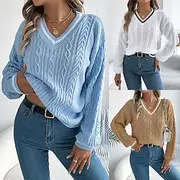 Women's Sweater Casual Color Block Ribbed V Neck Patchwork Knitted Long Sleeve Regular Tops Knit Daily Holiday Going out White Blue Fall