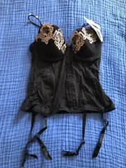 PARISA SHAPING CORSELETTE BUSTIER WIRED BLACK REMOVABLE GARTERS NEW SIZE 36B