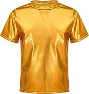 [Sxiwei] Kids Girls Boys Shiny Metallic Hip Hop Dance Tops Short Sleeve T-Shirt Modern Jazz Dancewear