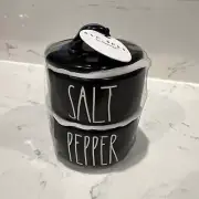 Rae Dunn Black "SALT & PEPPER" Mini Salt & Pepper Cellar Stacker Set NWT