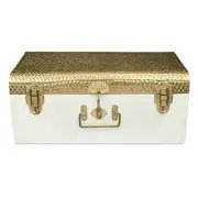 Vintage Beaten Steel Storage Trunk with beaten Brass Lid Off White