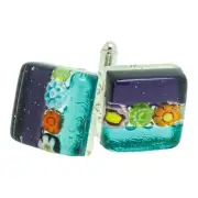 Murano Glass Cufflinks Purple Blue Green Millefiori Pair Square