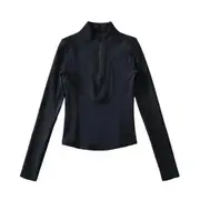 Long-Sleeve Mock Neck Plain Half Zip Panel Top Black - M