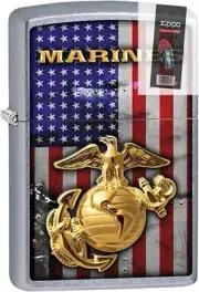 Zippo 80721 USMC EGA USA Flag Street Chrome Lighter + FLINT PACK